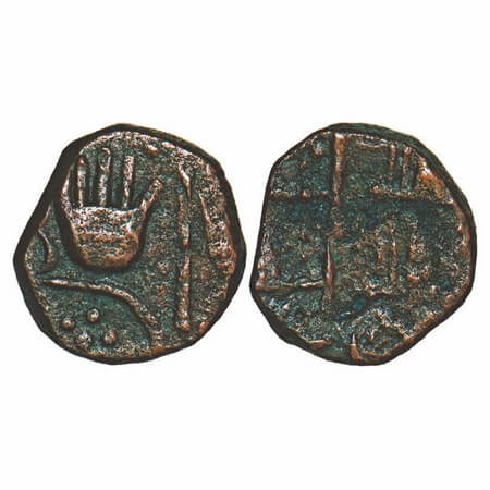 Sunth, Copper Paisa, 9.05g, Parmar Rulers, Rampur Mint, Obv: Open hand, Rev: Flag. Very Fi