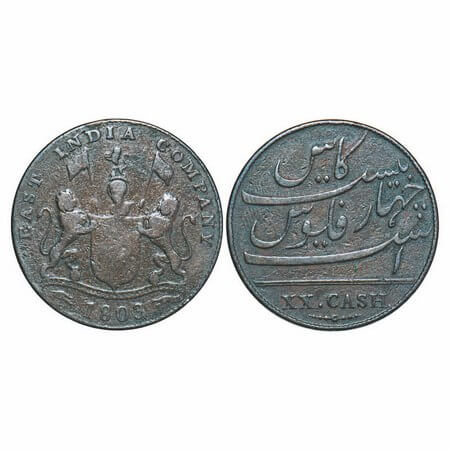 Madras Presidency, Copper XX (Twenty) Cash, 11.69g, Struck at Soho Mint, 1803 AD, Obv: Coa