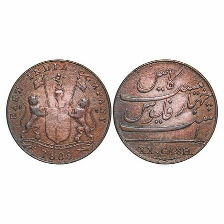 Madras Presidency, Copper XX (Twenty) Cash, 9.01, Struck at Soho Mint, 1808 AD, Obv: Coat 