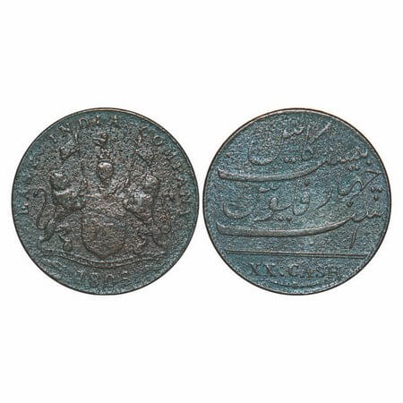 Madras Presidency, Copper XX (Twenty) Cash, 8.96g, Struck at Soho Mint, 1808 AD, Obv: Coat