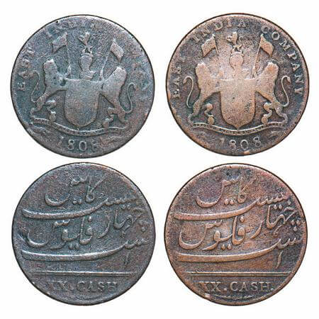 Madras Presidency, Copper XX (Twenty) Cash, 8.70,8.80g (2 Coins), Struck at Soho Mint, 180