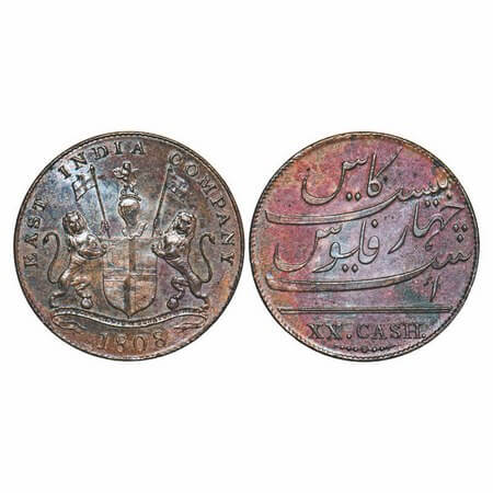 Madras Presidency, Copper XX (Twenty) Cash, 9.32g (light Issue), Struck at Soho Mint, 1808