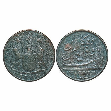 Madras Presidency, Copper X (Ten) Cash, 4.12g, Struck at Soho Mint, 1808 AD, Obv: Coat of 