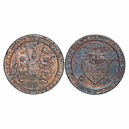 Madras Presidency, Copper ½ Dub / 1/96 of Rupee, 6.92g, (1794 -1797 AD Issue). 1797 AD. Ob