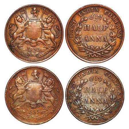 William IV, Copper, Half Anna, (2 coins), 1835, 1) Madras Mint, Wreath with 20 Berries (10