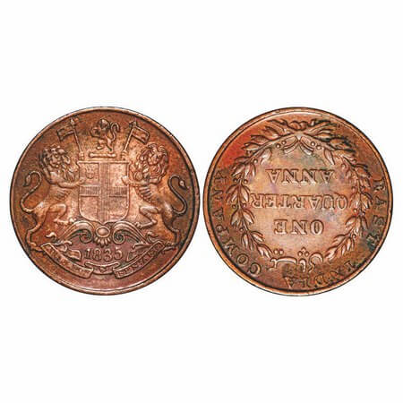William IV, Copper, Quarter Anna, 1835, Madras Mint, A/II, Rev inverted, Wreath with 18 Be