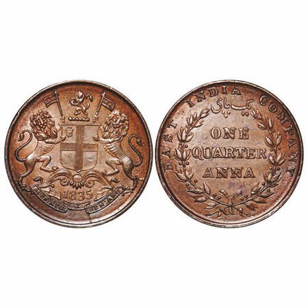 William IV, Copper, Quarter Anna, 1835, Madras Mint, A/II, Rev aligned, Inclined 1, Wreath