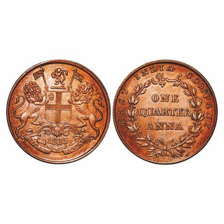 William IV, Copper, Quarter Anna, 1835, Madras Mint, A/II, Rev aligned, Inclined 1, Wreath