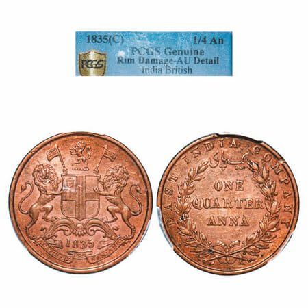 William IV, Copper, Quarter Anna, 1835, Madras Mint, B/III, Flat top numeral 1, Wreath wit