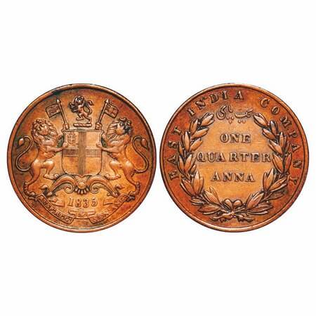 William IV, Copper, Quarter Anna, 1835, Madras Mint, B/V, Wreath with 24 Berries (13L + 11
