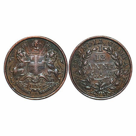 William IV, Copper, 1/12 Anna, 1835, Madras Mint, Rev II, Rev aligned, Wreath with 13 Berr