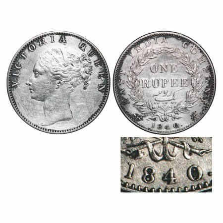 Victoria Queen, Silver, Rupee, 1840, CL, Calcutta Mint, B/VI, With 'M' incused, English He
