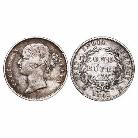 Victoria Queen, Silver, Rupee, 1840, DL, MULE, Calcutta Mint, W.W. raised, Wreath with 25 