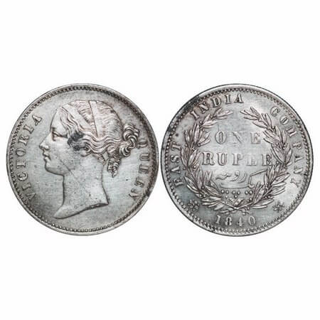 Victoria Queen, Silver, Rupee, 1840, DL, Calcutta Mint, W.W. raised, Wreath with 28 Berrie
