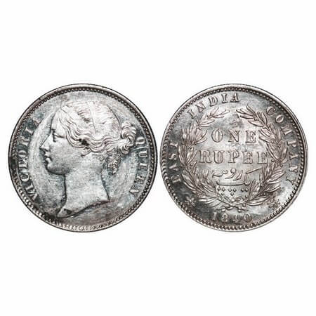 Victoria Queen, Silver, Rupee, 1840, DL, Calcutta Mint, W.W. raised, Wreath with 28 Berrie