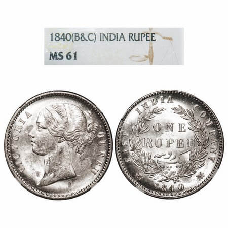 Victoria Queen, Silver, Rupee, 1840, DL Calcutta Mint, W.W. raised, Wreath with 28 Berries