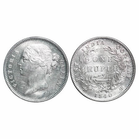 Victoria Queen, Silver, Rupee, 1840, DL, Calcutta Mint, W.W. raised, Wreath with 28 Berrie