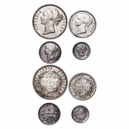 Victoria Queen, Silver, 1840, DL, (4 coins), 1) Rupee, Calcutta Mint, W.W. raised, Wreath