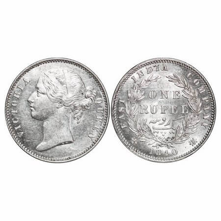 Victoria Queen, Silver, Rupee, 1840, DL, Calcutta Mint, W.W. raised, Wreath with 28 Berrie