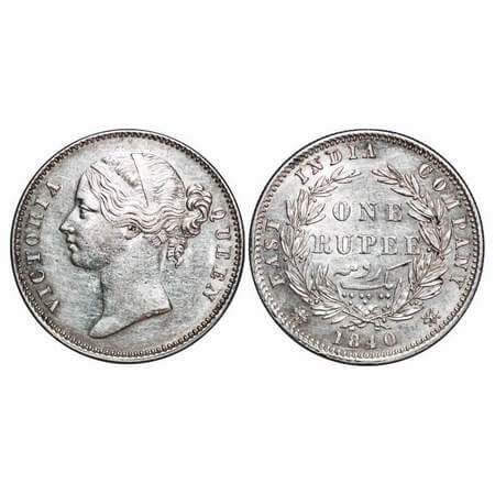 Victoria Queen, Silver, Rupee, 1840, DL, Calcutta Mint, W.W. raised, Wreath with 28 Berrie