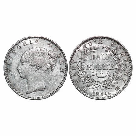 Victoria Queen, Silver, Half Rupee, 1840, CL, Calcutta Mint, A/I, English Head, Wreath wit