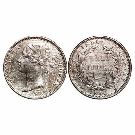 Victoria Queen, Silver, Half Rupee, 1840, DL, Calcutta Mint, .W.W incused, Wreath with 24 