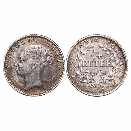 Victoria Queen, Silver, 1/4 Rupee, 1840, CL, Calcutta Mint, C/II, Indian Head, Wreath with