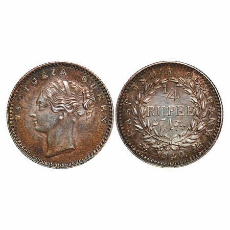 Victoria Queen, Silver, 1/4 Rupee, 1840, CL, Calcutta Mint, A(a)/I, English Head, Wreath w