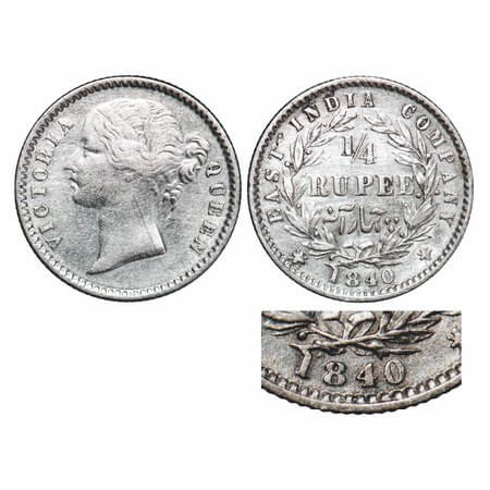 Victoria Queen, Silver, 1/4 Rupee, 1840, DL, Calcutta Mint, W.W. raised, Wreath with 10 Be