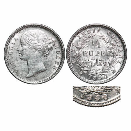 Victoria Queen, Silver, 1/4 Rupee, 1840, DL, Calcutta Mint, W.W. raised, Wreath with 10 Be