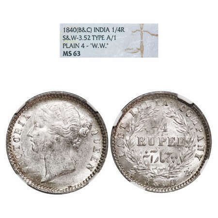 Victoria Queen, Silver, 1/4 Rupee, 1840, DL, Calcutta Mint, W.W. raised, Wreath with 10 Be