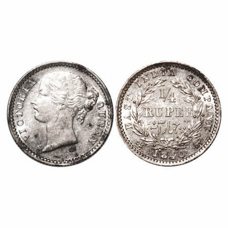Victoria Queen, Silver, 1/4 Rupee,1840, DL, Madras Mint, W.W. 'S' raised, Cross bar of num