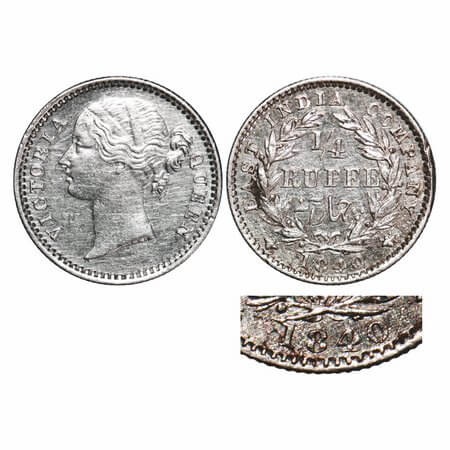 Victoria Queen, Silver, 1/4 Rupee, 1840, DL, Madras Mint, W.W. 'S' raised, Wreath with 11 
