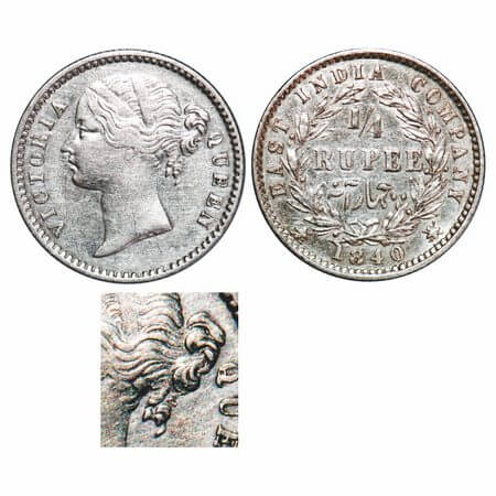 Victoria Queen, Silver, 1/4 Rupee, 1840, DL, Calcutta Mint, W.W. raised, Wreath with 10 Be