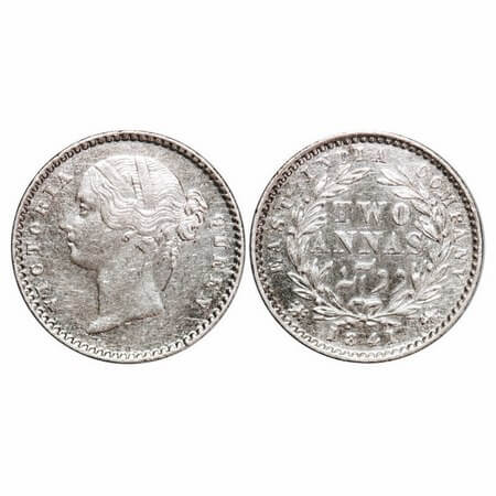 Victoria Queen, Silver, 2 Annas, 1841, DL, Calcutta Mint, W.W. raised, Wreath with 9 Berri