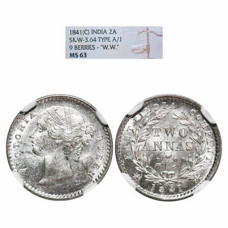 Victoria Queen, Silver, 2 Annas, 1841, DL, Calcutta Mint, W.W. raised, Wreath with 9 Berri