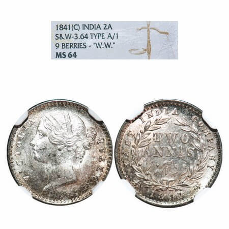 Victoria Queen, Silver, 2 Annas, 1841, DL, Calcutta Mint, W.W. raised, Wreath with 9 Berri