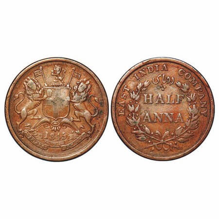 Victoria Queen, Copper, Half Anna, 1845, Calcutta Mint, Obv A, Wreath with 19 Berries (10L