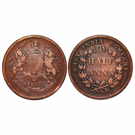 Victoria Queen, Copper, Half Anna, 1845, Calcutta Mint, Obv B, Numeral 4 of year 1845 w/o 