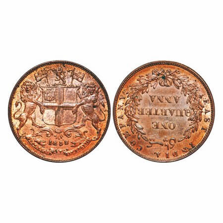 Victoria Queen, Copper, Quarter Anna, 1858, J. Watt & Co. Birmingham Mint, Single leaf, Ye