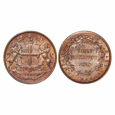 Victoria Queen, Copper, Quarter Anna, 1858, J. Watt & Co. Birmingham Mint, Single leaf, Ye
