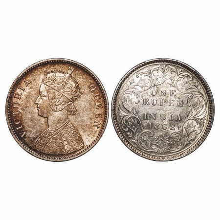 Victoria Queen, Silver, Rupee, 1862, Calcutta Mint, A/III, w/o initial 'J'. F. Prid 65. GK