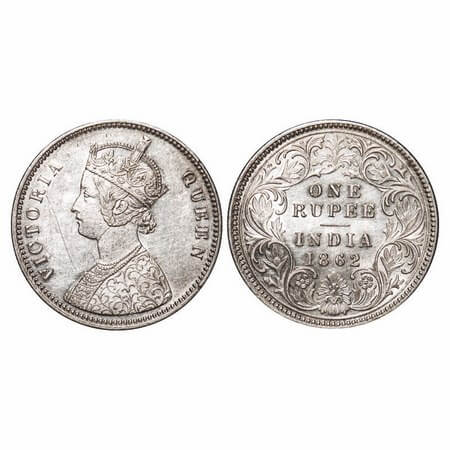 Victoria Queen, Silver, Rupee, 1862, Calcutta Mint, A/I, With initial 'J'. F. Prid 66. GK 
