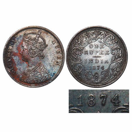 Victoria Queen, Silver, Rupee, 1874, Bombay Mint, A2/II, No dot, Year date 1874 is double 