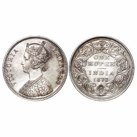 Victoria Empress, Silver, Rupee, 1877, Bombay Mint, A2/II, Dot. F. Prid 149. GK 435. Almos