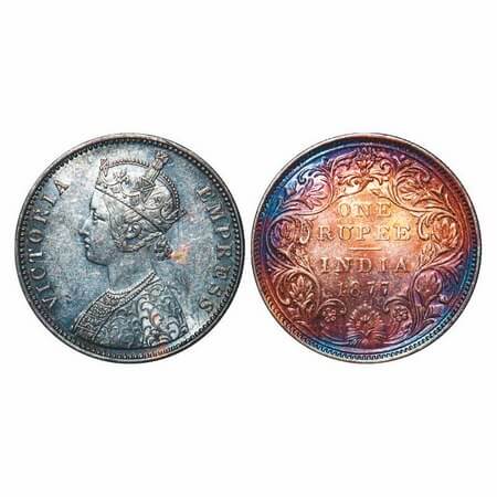Victoria Empress, Silver, Rupee, 1877, Bombay Mint, A2/II, Dot. F. Prid 149. GK 435. About