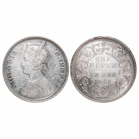 Victoria Empress, Silver, Rupee, 1877, Bombay Mint, A3/II(i), Dot. F. Prid Unlisted. GK 44