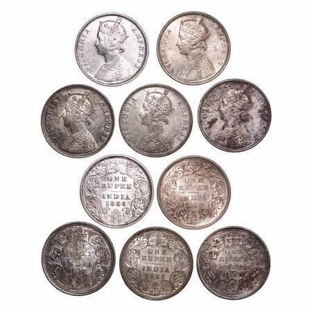 Victoria Empress, Silver, Rupee, (lot of 5 coins), 1) 1877, Bombay Mint, A3/II(i), Dot, 2)