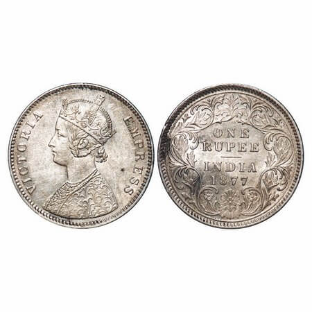 Victoria Empress, Silver, Rupee, 1877, Calcutta Mint, A1/I, No mint mark, Die crack on Obv