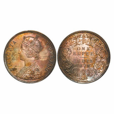 Victoria Empress, Silver, Rupee, 1878, Calcutta Mint, A1/I, No mint mark, Flat top numeral